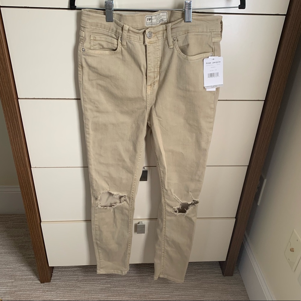 Free People Khaki Ripped Skinny Jeans